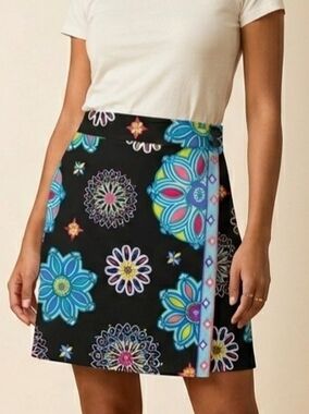 Carlisle Black Mini Skirt with Multicolor Floral Medallions Button Accents
